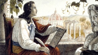 Goethe sitzt mit einem Buch und in der Hand eine Schreibfeder in Rom auf seiner italienischen Reise 1786-88. Stahlstich von Friedrich Weber nach Zeichnung von Ludwig von Maydell,spätere Kolorierung. 