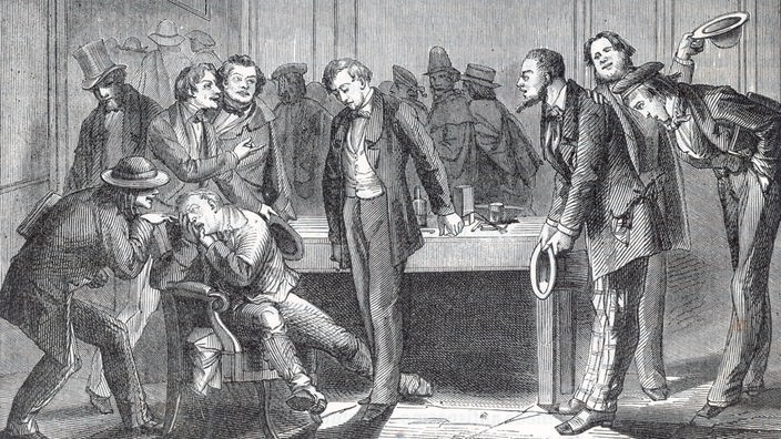 Der US-Zahnarzt Horace Wells präsentiert 1845 der ärztlichen Öffentlichkeit erfolglos seine Entdeckung der Lachgas-Narkose (Radierung)