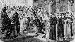Papst Gregor IX. überträgt den Dominikanern die Inquisition (Holzstich)
