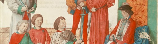 Buchmalerei Buchmalerei, französisch, 15.Jahrhundert. - Huldigung eines Ritters vor seinem Lehnsherrn