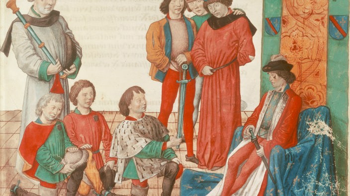 Buchmalerei Buchmalerei, französisch, 15.Jahrhundert. - Huldigung eines Ritters vor seinem Lehnsherrn
