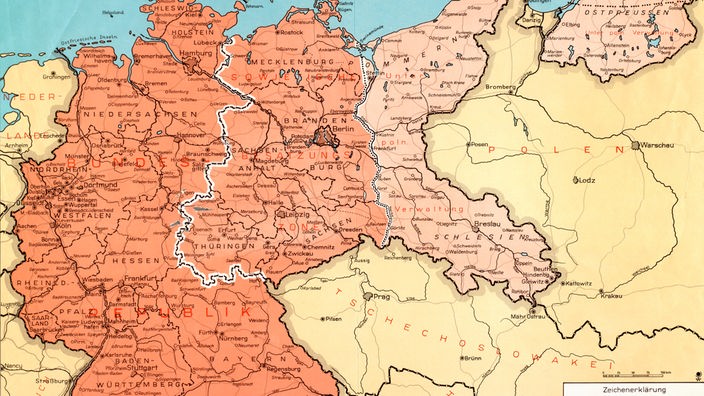 Landkarte des ehem. Deutschen Reichs in den Grenzen von 1937 mit Zonengrenze und Oder-Neisse-Linie
