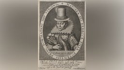 Porträt zeigt eine sitzende Frau mit hohem Hut und großer Halskrause, die ernst blickt