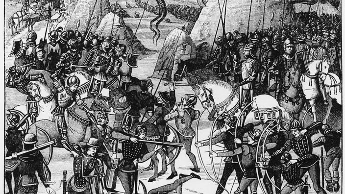 Die Schlacht von Crecy am 26.08.1346: rechts das englische Heer mit den Langbogen - Schuetzen - Stich a.d. 19.Jh nach einer zeitg. Buchmalerei. - 14. Jahrhundert
