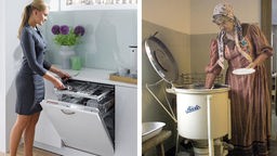 Bildkombination: eine moderne Geschirrspülmaschine (l), erster Geschirrspüler Europas (r)