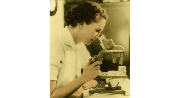 Rachel Carson untersucht Proben unter dem Mikroskop