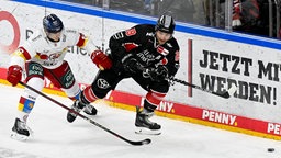 Kyle Cumiskey (l.) von der Düsseldorfer EG im Duell mit Frederik Storm von den Kölner Haien.