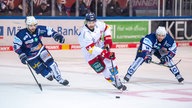 Düsseldorfs Justin Richards zwischen Shane Gersich und Maciej Rutkowski von den Iserlohn Roosters