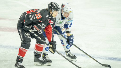 Tim Wohlgemuth von den Kölner Haien im Zweikampf mit Daniel Geiger von den Iserlohn Roosters