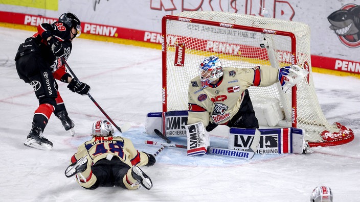 Gregor MacLeod (l.) von den Kölner Haien schießt aufs Tor der Nürnberg Ice Tigers.