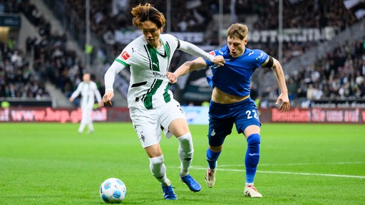 Ko Itakura von Gladbach gegen Alexander Prass aus Hoffenheim im Zweikampf