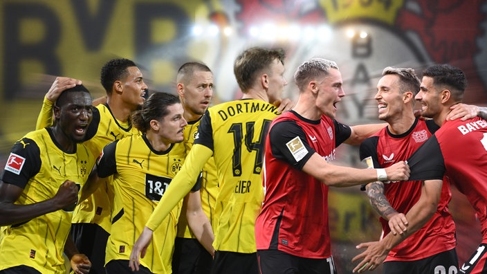 Eine Fotomontage mit Spielern von Borussia Dortmund (links) und Bayer Leverkusen vor dem Bundesliga-Topspiel.