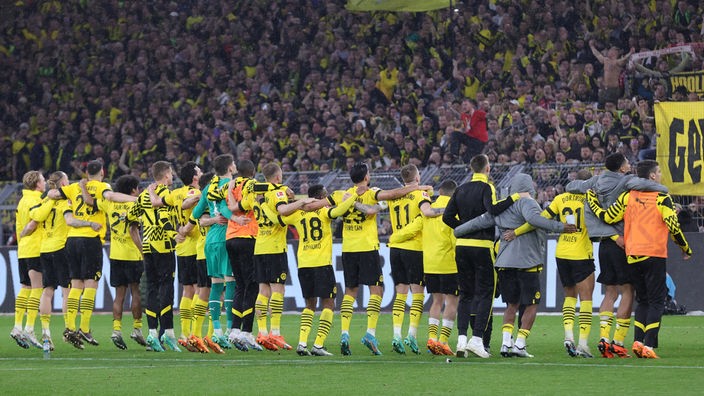 Dortmund Spieler vor der Südtribüne im Signal Iduna Park