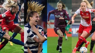 2022 in der Bundesliga im Einsatz (v.l.): Jill Baijings (Bayer 04 Leverkusen), Dörthe Hoppius (MSV Duisburg), Vivien Endemann (SGS Essen), Mandy Islacker (1. FC Köln)