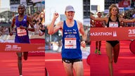 Der Sieger des Köln-Marathons 2023 Amos Kipkorir Changwony (l.) sowie die Deutschen Meister Lorenz Baum (M.) und Ester Jacobitz.