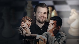 Collage zur Schach-WM: Ian Nepomniachtchi (l.), Ding Liren (r.), im Hintergrund Magnus Carlsen