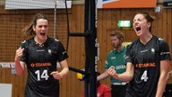 Die Volleyballspielerinnen Nicole van de Vosse und Hyke Lyklema von den Ladies in Black Aachen bejubeln einen Punktgewinn (Archivfoto)