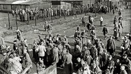 Befreite russische Kriegsgefangene im "Stalag 326" in Stukenbrock im April 1945.
