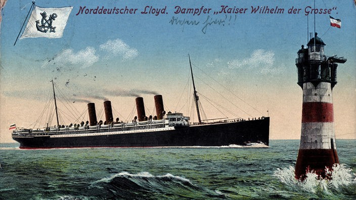 Postkartenmotiv NDL-Dampfer "Kaiser Wilhelm der Grosse" am Leuchtturm Roter Sand