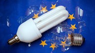 Kaputte Glühbirne neben Energiesparlampe auf Europa-Flagge