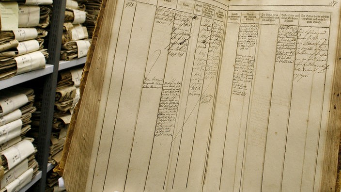 Grundbücher im Regal, daneben Seite ienes Grundbuchs von 1743