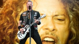 Gitarrist James Hetfield in Konzert vor Videowall mit Kopf von Kirk Hammett / München 2015