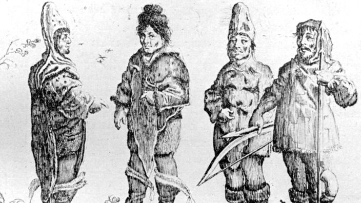 Hans Egede (li.) begegnet drei Grönländern (Zeichnung in Olearius-Reisebeschreibung) 