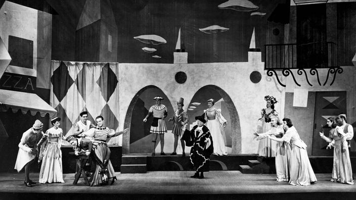 Bühnenszene der Uraufführung des Musicals "Kiss Me Kate“ 1948