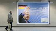 Plakat an der Kölner U-Bahnhaltestelle Appellhofplatz macht in türkischer Sprache Werbung für Wahlkampf-Auftritt von Recep Tayyip Erdogan in der Kölnarena am 10.02.2008