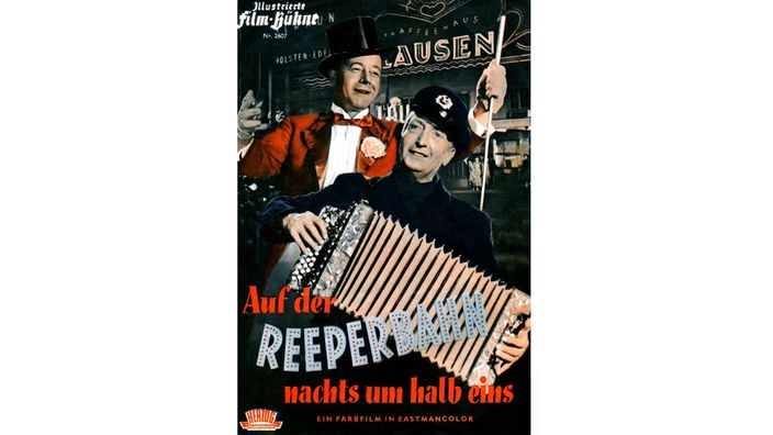 1954. Plakat zu dem deutschen Spielfilm "Auf der Reeperbahn nachts um halb eins" unter der Regie von Wolfgang Liebeneiner mit Hans Albers und Heinz Rühmann