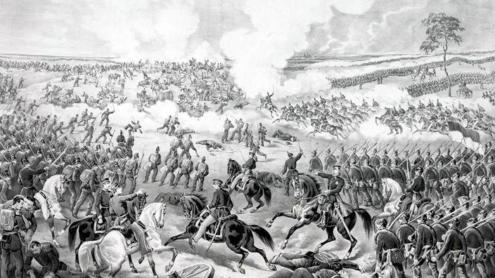 Erste Schlacht des Deutsch-Französischen Krieges bei Wissembourg (Lithografie aus dem 19. Jahrhundert)