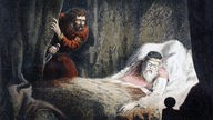 Macbeth tötet den schottischen König Duncan I. laut der Darstellung von Shakespeares Drama Macbeth(Illustration von 1890)