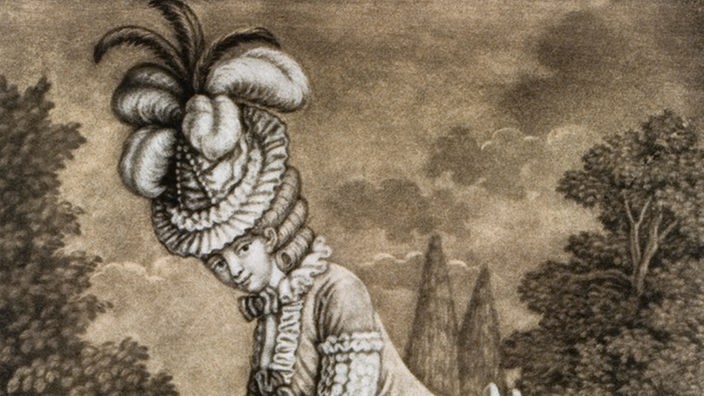 Schabkunstblatt nach Desrais. 1785, "Frau zieht sich ein Strumpfband an".