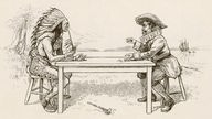 Eine Zeichnung, die einen Indianer und einen weißen Händler an einem Tisch sitzend, zeigt