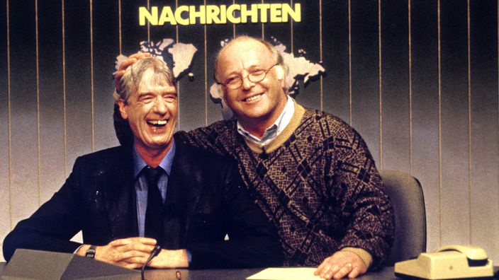 Nasser Rudi Carrell neben Norbert Blüm im "Tagesshow"-Studio