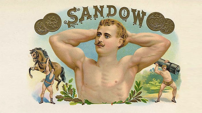 Ausschnitt gemaltes Vierfarb-Plakat: musulöser Oberkörper, darüber Schriftzug "Sandow" zwischen vier Goldmedaillen 