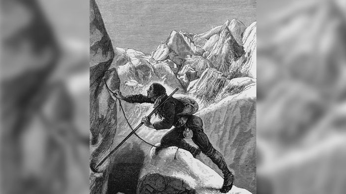 Zeiitgenössischer Stich Jacques Belmont bei Bergbesteigung 