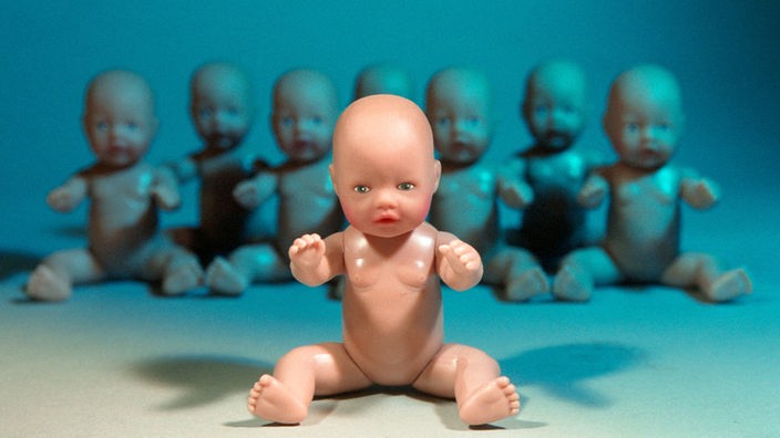 Acht gleich aussehende Kleinkinder-Puppen