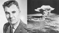 Montage: Bomberpilot Paul Warfield Tibbets jr., Atompilz über Hiroshima