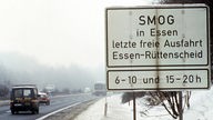 Ein Schild auf einer Autobahn in Essen warnt vor Smog (Aufnahme vom 18.01.1985)