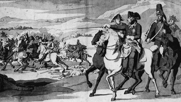 Friedrich II. befehligt zu Pferd Kavallerie-Attacke in der Schlacht bei Roßbach (Federzeichnung s/w)