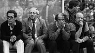 Jean Löring mit Trainer H. Linssen beim 0:8 von Fortuna Köln gegen Borussia Dortmund, 30.05.1986