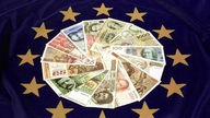 15 europäische Währungen liegen auf einer EU-Flagge