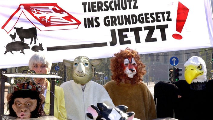 Demonstanten in Tierkostümen, dahinter Transparent "Tierschutz ins Grundgesetz JETZT!"