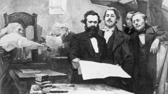 Gemälde: Karl Marx liest eine frischgedruckte Ausgabe der Rheinischen Zeitung