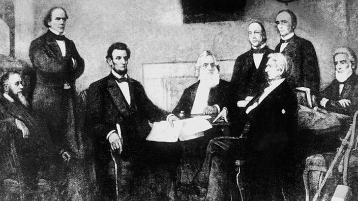 Die Proklamation der Sklavenbefreiung durch Präsident Abraham Lincoln (3.v.l.) am 22. September 1862