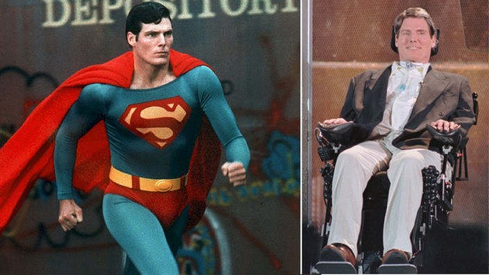 Montage: US-Schauspieler Christopher Reeve als "Superman" (l.), Christopher Reeve im Rollstuhl