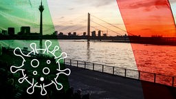 Collage Skyline Düsseldorf / Flagge NRW / Icon Coronavirus