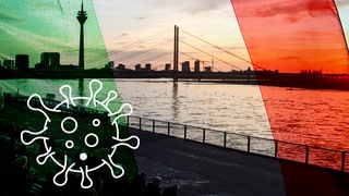 Collage Skyline Düsseldorf / Flagge NRW / Icon Coronavirus