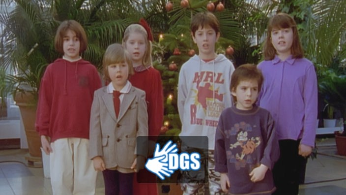 Kinder singen vor Weihnachtsbaum mit DGS-Logo